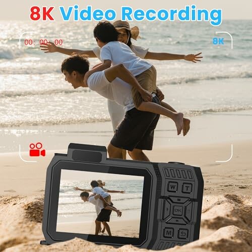 Family on beach with 8K video camera display