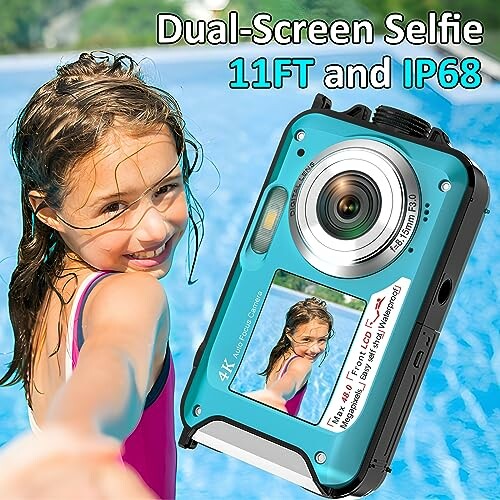 Child taking a selfie with a dual-screen waterproof camera in a pool.