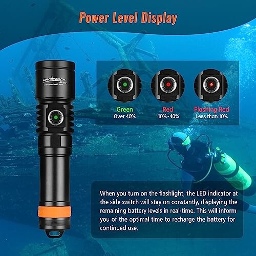 Flashlight power level display with LED indicators and diver in background.