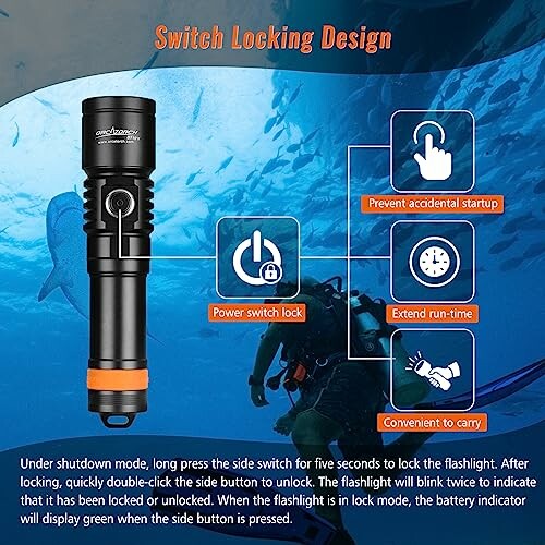 Flashlight features with switch locking design, power switch lock, extended run-time, and convenient carry.