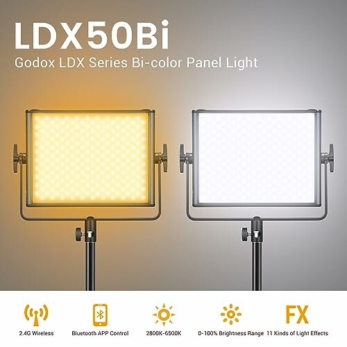 Godox LDX50Bi bi-color panel light with wireless and Bluetooth control.