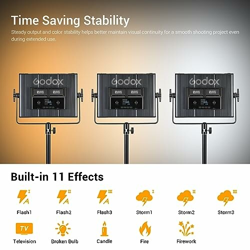 Godox lighting setup with built-in effects and stability features.