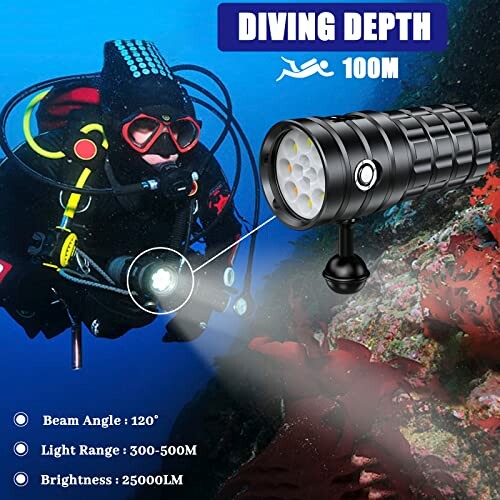 Scuba diver using an underwater flashlight with specifications displayed.