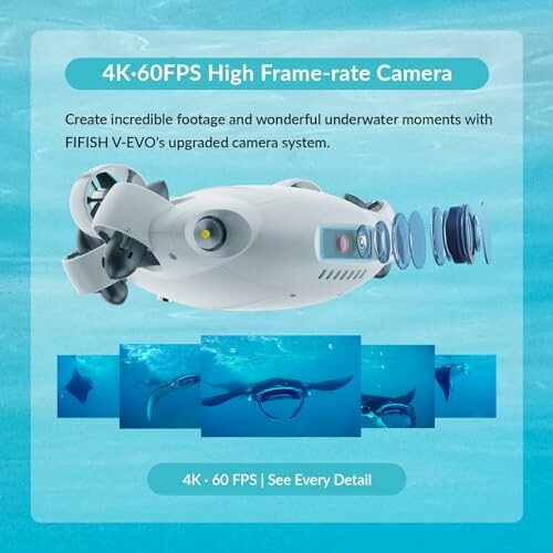 Underwater camera system with 4K 60FPS capability and marine life images.