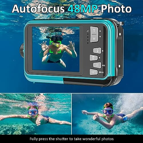 Underwater camera with autofocus 48MP photo capability, showing person swimming underwater.