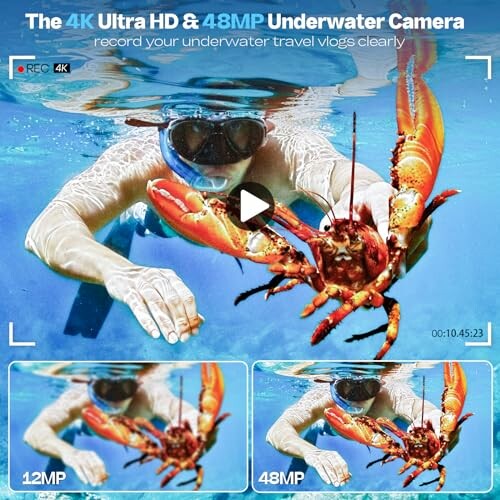 Person underwater with a lobster, showcasing a 4K Ultra HD and 48MP camera.