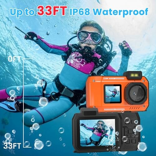 Underwater camera with waterproof feature up to 33 feet, shown with diver.