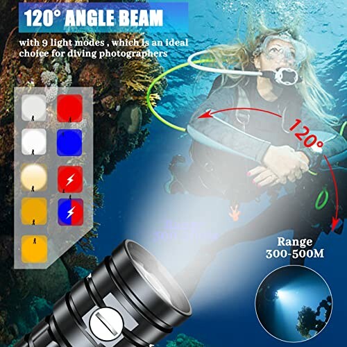 Diver using a wide-angle underwater flashlight with multiple light modes.