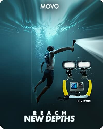 Diver underwater holding a camera with lights, promoting reach new depths.