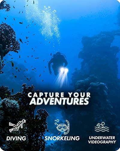 A diver with lights exploring underwater, surrounded by coral, with text promoting diving, snorkeling, and underwater videography.