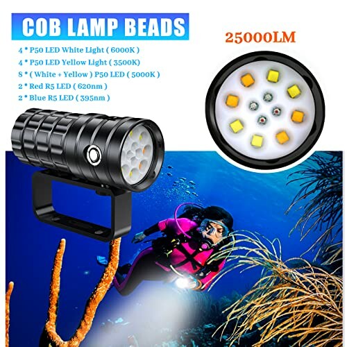 Underwater diving flashlight with COB lamp beads and 25000 lumens.