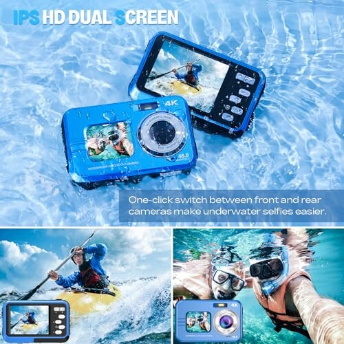 Dual-screen waterproof camera with underwater scenes.