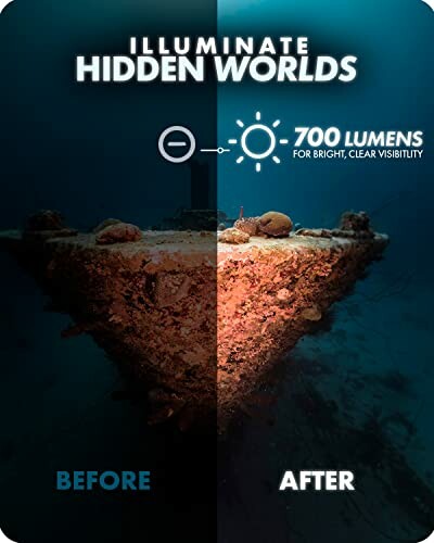 Underwater shipwreck with lighting comparison showing before and after using 700 lumens.