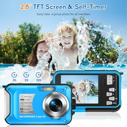 Waterproof camera with family in pool, showing screen and features.