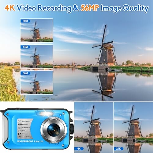 Waterproof camera with 4K and 56MP quality showcasing windmill photos.